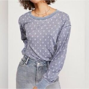 Free People We The Free Arielle Printed Long Sleeve Tee Top Indigo